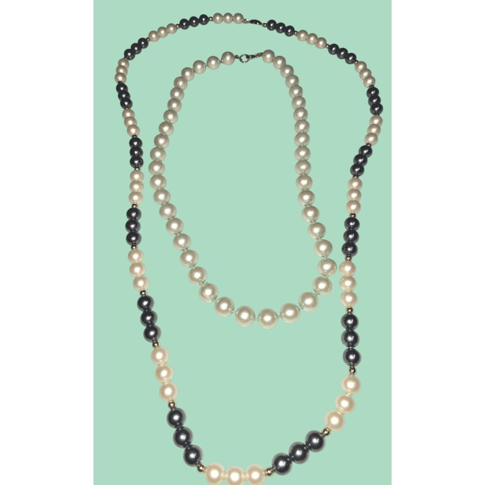 Vintage Monet Pearl Necklaces 9" & 13" Drop Double Strand Ivory & Gray With Gold